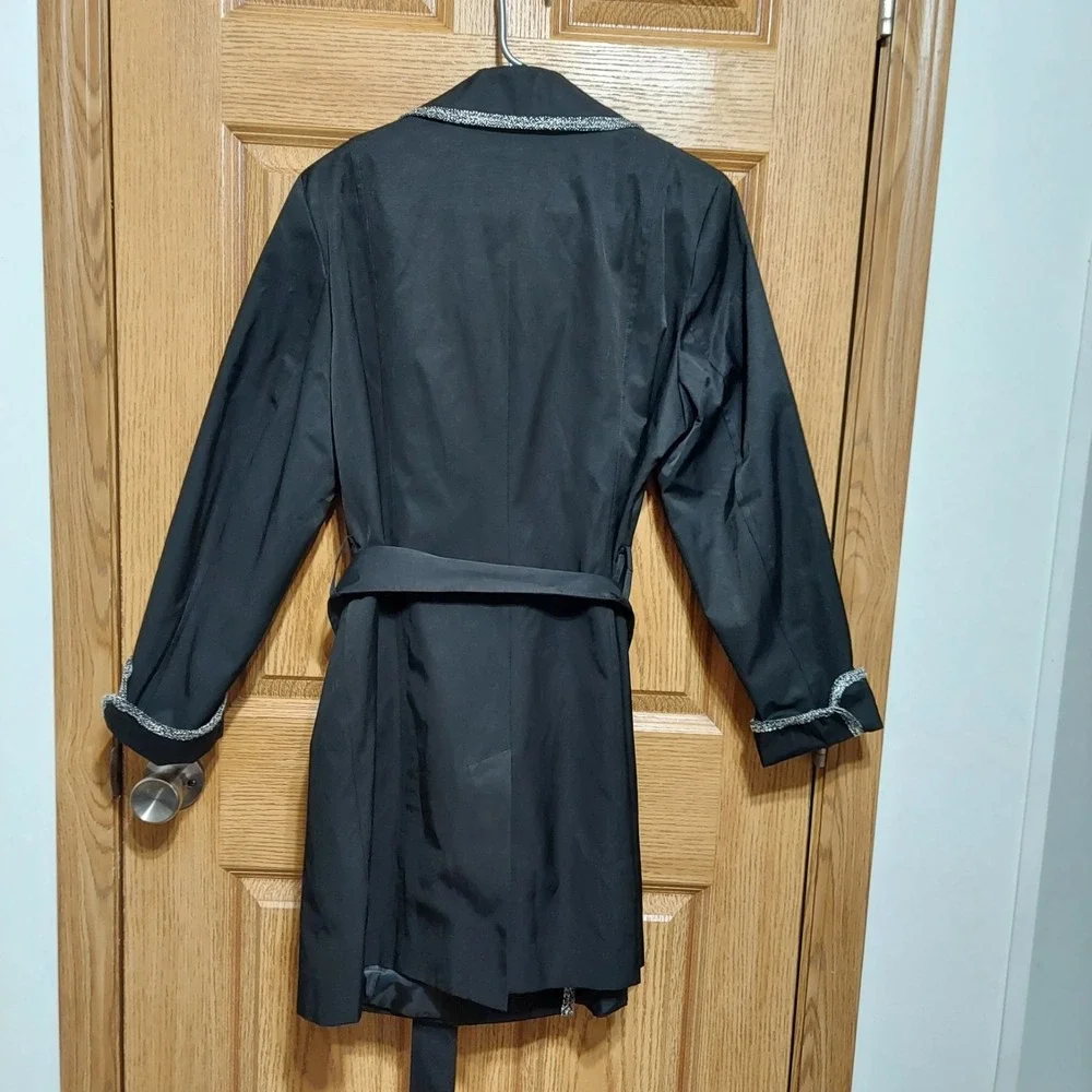 NWOT Dennis by Dennis Basso Trench Coat Womens Med‎ Black Tweed Trim Belted Chic